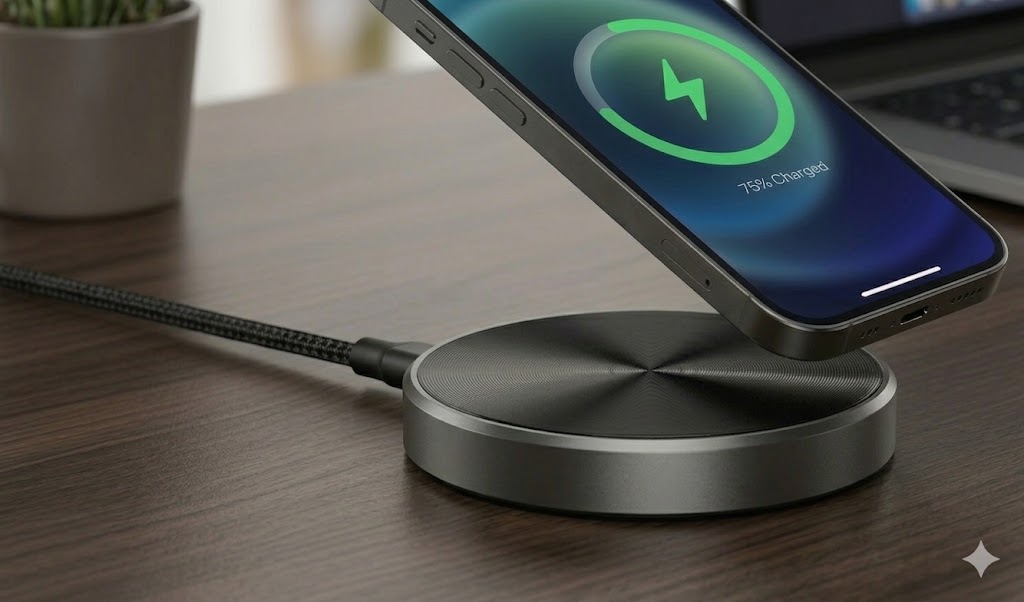 High-end titanium gray Qi2 magnetic wireless charger with premium CD texture and integrated braided cable, showcasing 15W fast charging animation on iPhone.