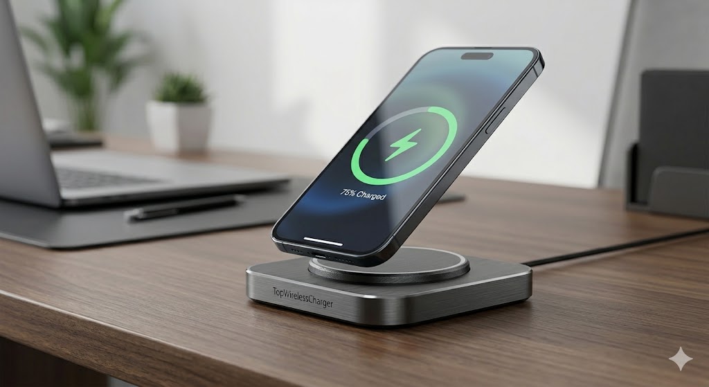 Premium Qi2 magnetic wireless charger with 15W MPP module by TopWirelessCharger, featuring 3mm raised charging pedestal and iPhone charging animation.