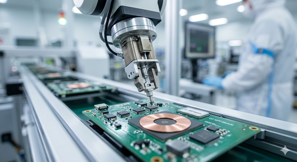 Automated PCBA assembly line at TopWirelessCharger factory, showing precision robotic arm installing Qi2 MPP module on wireless charger circuit board.